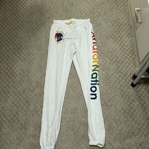 Aviator Nation White Sweatpants with Rainbow Logo